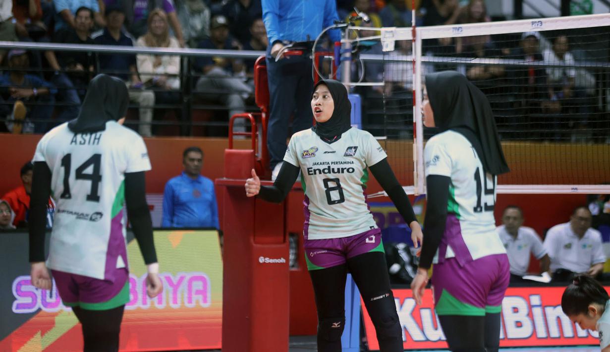 Juara bertahan voli putri, Jakarta Pertamina Enduro gagal memetik kemenangan dalam laga perdana final four Proliga 2026 seri pertama di Jawapos Arena Surabaya, Kamis (2/4/2026) malam. (Dok. PBVSI)