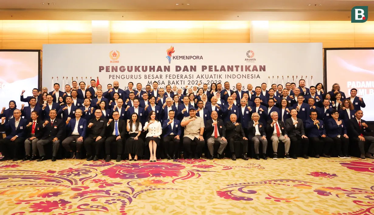 Foto bersama pengurus Federasi Akuatik Indonesia  masa bakti 2025-2029 yang berlangsung di Hote JS Luwansa, bilangan Kuningan, Jakarta Selatan pada Senin (4/8/2025) sore WIB.