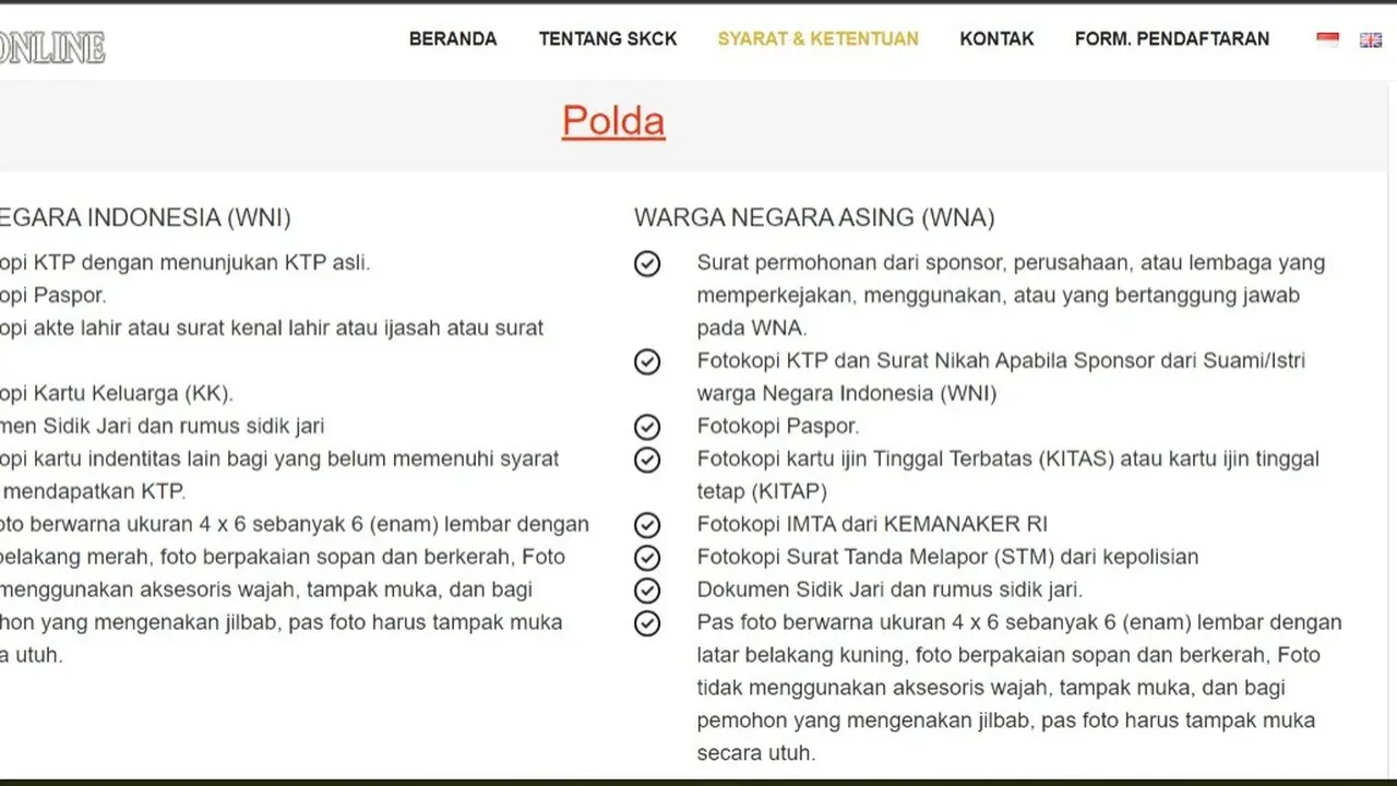 Syarat dan ketentuan pengajuan permohonan pembuatan SKCK Online di Polda.