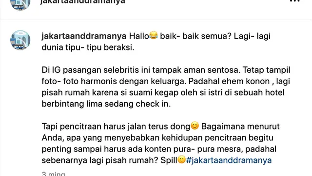 Selentingan soal pasutri artis yang punya dua anak laki-laki pisah rumah akibat perselingkuhan. (Foto: Dok. Instagram @jakartaanddramanya)