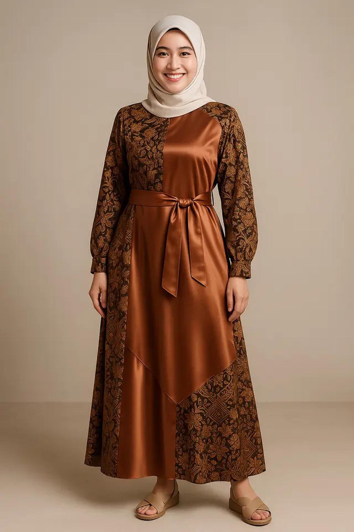 8 Model Gamis Batik Kombinasi Satin Mengkilap, Bikin Penampilanmu Mewah dan Elegan