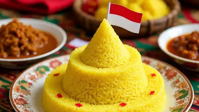 Ilustrasi Tumpeng Rayakan HUT RI (Sumber Gambar: Meta AI)