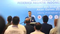 Ketua Umum Akuatik Indonesia, Anindya Bakrie, hadir dalam acara Rapat Kerja Nasional Akuatik Indonesia di Hotel Arya Duta, Jakarta, Sabtu (28/2/2026). (Bola.com/M Iqbal Ichsan)
