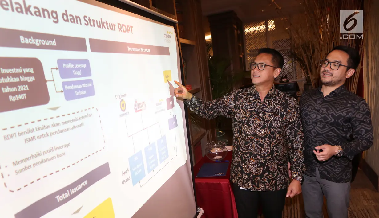 Dirut Mandiri Manajemen Investasi (MMI), Alvin Pattisahusiwa (kiri) dan Executive Vice Director Head of Alternative Investment & Product Division MMI, Nugroho Prasetyo (kiri) memberikan paparan di Jakarta, Kamis (18/10). (Liputan6.com/HO/Wawan)