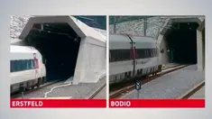 Gambar yang diambil dari video menunjukkan kereta memasuki ujung utara terowongan di Erstfield dan sisi selatan terowongan di Bodio, pada peresmian Gotthard Base Tunnel (GBT), terowongan sepanjang 57 kilometer di Swiss, Rabu (1/6). (REUTERS/SRG/Pool)