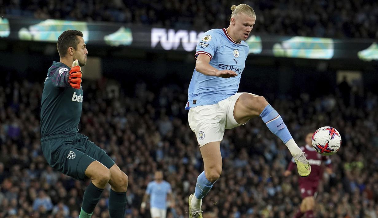 Penampilan Haaland musim ini bersama Manchester City sangat impresif. Bahkan, torehan Haaland tentu masih bisa bertambah. (Martin Rickett/PA via AP)