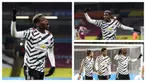 Selebrasi pemain Manchester United, Paul Pogba usai mencetak gol saat mengenakan jersey tandang yang bermotif hitam-putih. (Foto: AFP & AP)