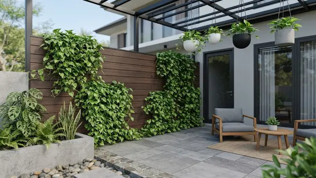 Kombinasi Sirih Gading dan Panel Kayu WPC untuk Teras Rumah