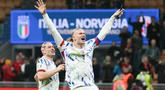 Pemain Norwegia, Erling Haaland, melakukan selebrasi setelah mencetak gol ke gawang Italia pada laga terakhir Grup I Kualifikasi Piala Dunia 2026 zona Eropa di Stadion San Siro, Senin (17/11/2025) dini hari WIB. (AFP/Alberto Pizzoli)
