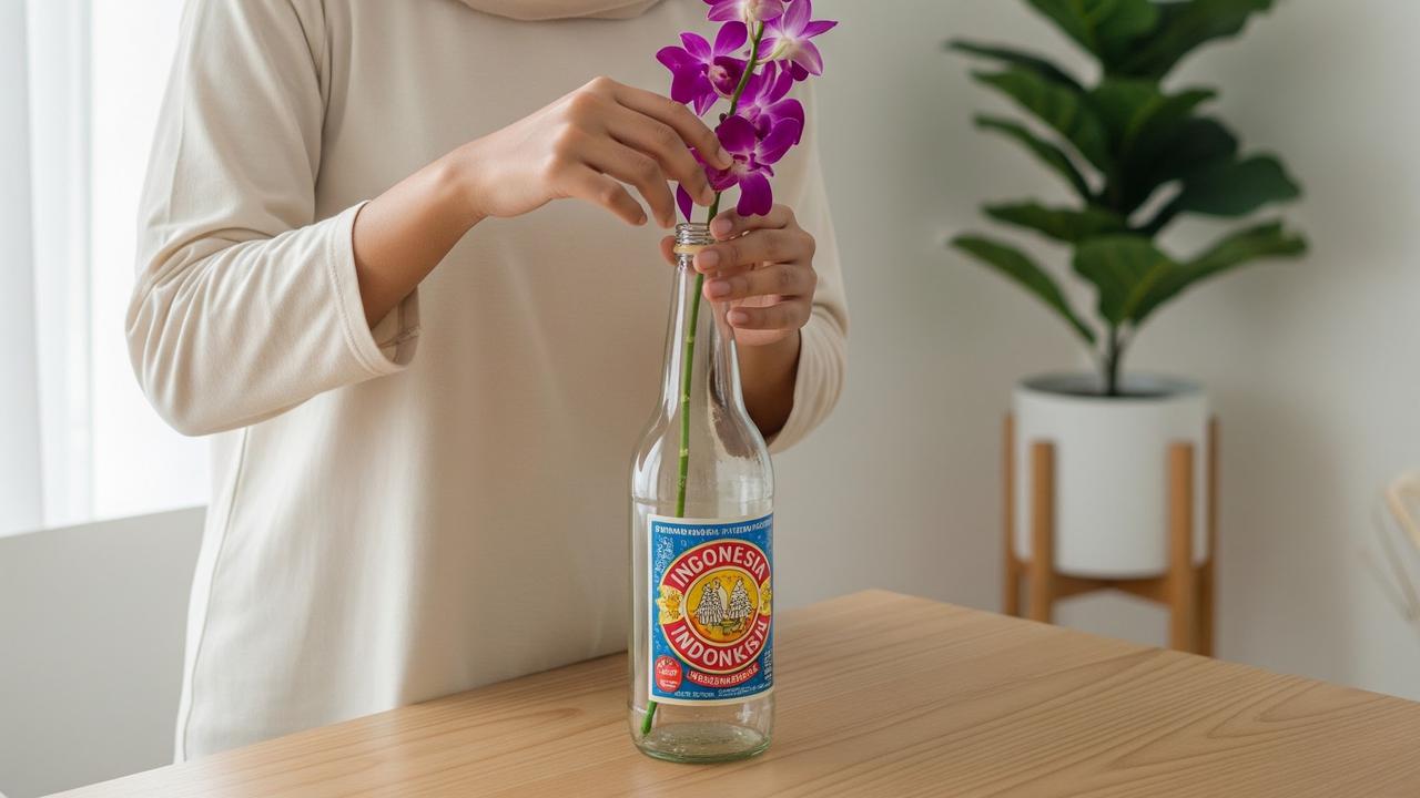 Wadah sirup dijadikan vas bunga (Gemini AI)