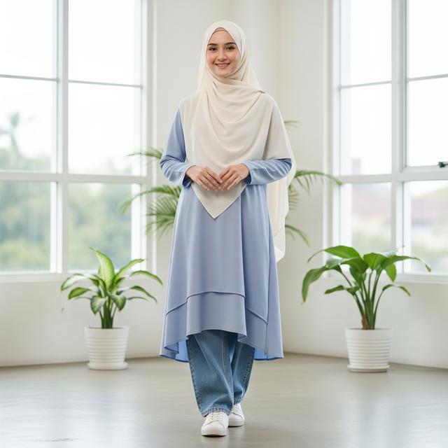 1. Baggy Jeans Dipadukan dengan Gamis