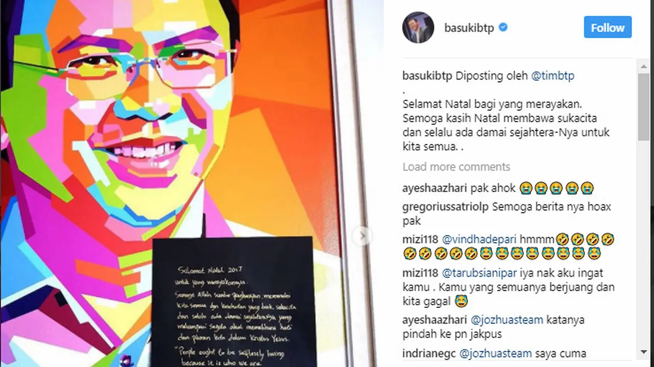 Akun instagram Basuki Tjahaja Purnama atau Ahok dipenuhi komentar mengenai kabar gugatan cerai eks Gubernur DKI itu ke istrinya
