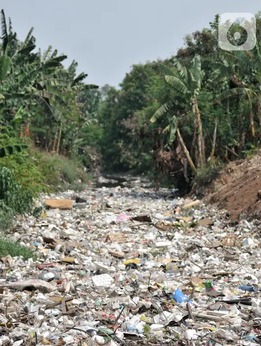 Tumpukan sampah memenuhi Kali Jambe di Desa Satria Jaya, Tambun Utara, Bekasi, Jawa Barat, Kamis (31/10/2019). Sampah tersebut memenuhi aliran Kali Jambe akibat terbawa arus saat hujan mengguyur sejumlah wilayah di Kabupaten Bekasi. (merdeka.com/Iqbal Nugroho)