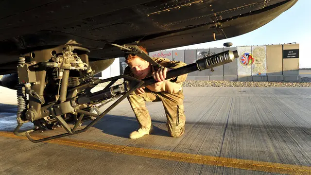 Foto Pangeran Harry memeriksa helikopter Apache saat bertugas di Afghanistan, diambil pada 21 Januari Desember 2013.(AP Photo/ John Stillwell, Pool, File)