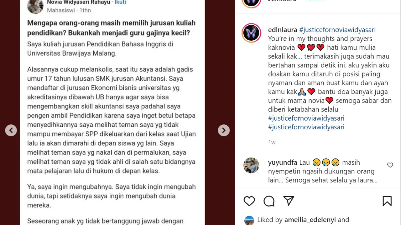 Dukungan Edelenyi Laura (Laura Anna, Lora) untuk korban kekerasan seksual Novia Widyasari.