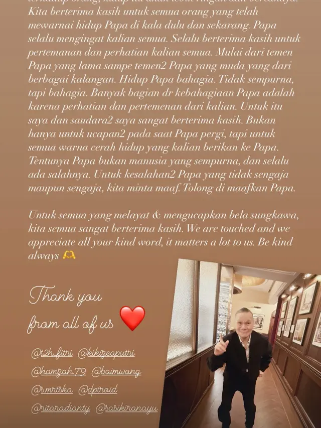 Unggahan David Wong kakak Baim Wong setelah sang ayah meninggal dunia. (Foto: Dok. Instagram @momo.david.wong)