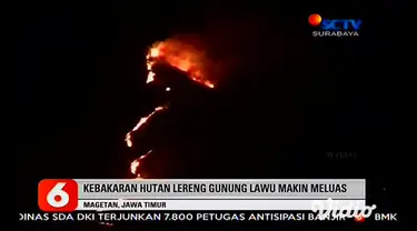 Kebakaran hutan di lereng Gunung Lawu, Magetan, Jawa Timur hingga Sabtu dini hari belum padam. Bahkan makin meluas, meski lokasi kebakaran jauh dari permukiman.