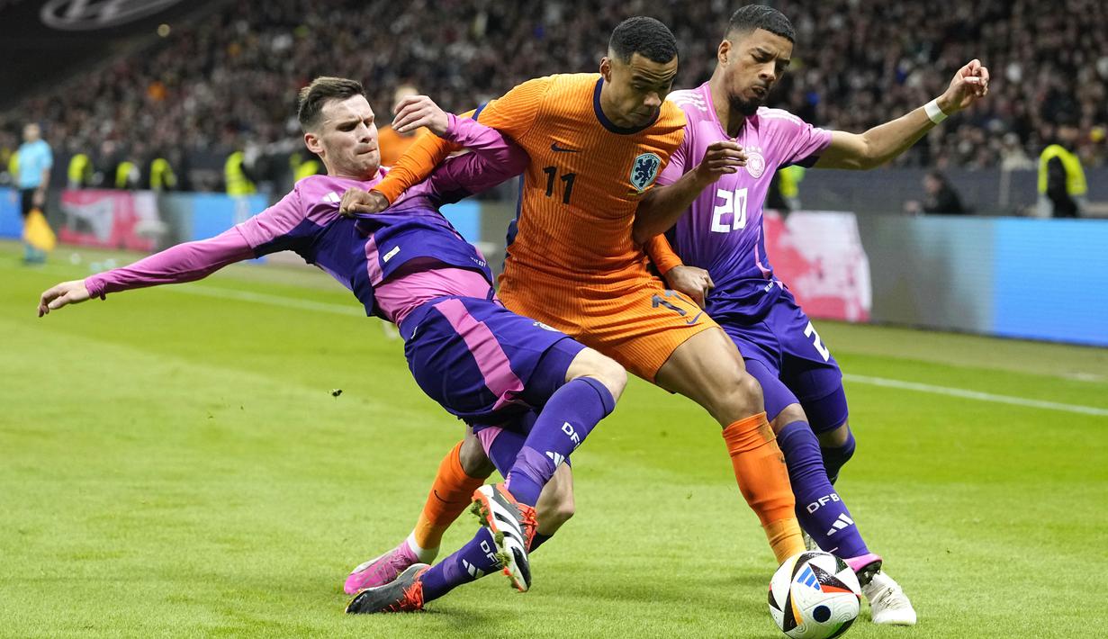 Pemain Jerman, Pascal Gross dan Benjamin Henrichs menghadang pemain Belanda, Cody gakpo, pada laga persahabatan di Stadion Deutsche Bank Park, Frankfurt, Rabu (27/3/2024). (AP Photo/Martin Meissner)