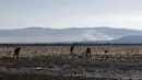 Relawan membuang sampah dari Sungai Tagaret yang tercemar yang mengalir ke Danau Uru Uru, dekat Oruro, Bolivia, Rabu (7/4/2021). Operasi pembersihan dimulai dalam upaya mengembalikan danau ke keindahan alamnya yang telah dibanjiri sampah plastik dan limbah buatan manusia lainnya. (AP/Juan Kari)