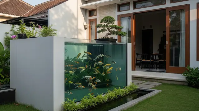 Model Kolam Ikan Kaca Desain Bak Tinggi Minimalis Depan Rumah