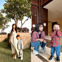 Kondangan bareng, Fuji tampil menawan dengan wrap dress warna broken white-nya, sedangkan Gala tampil rapi dengan setelan jas dan kemeja warna broken white-nya. [@fuji_an]