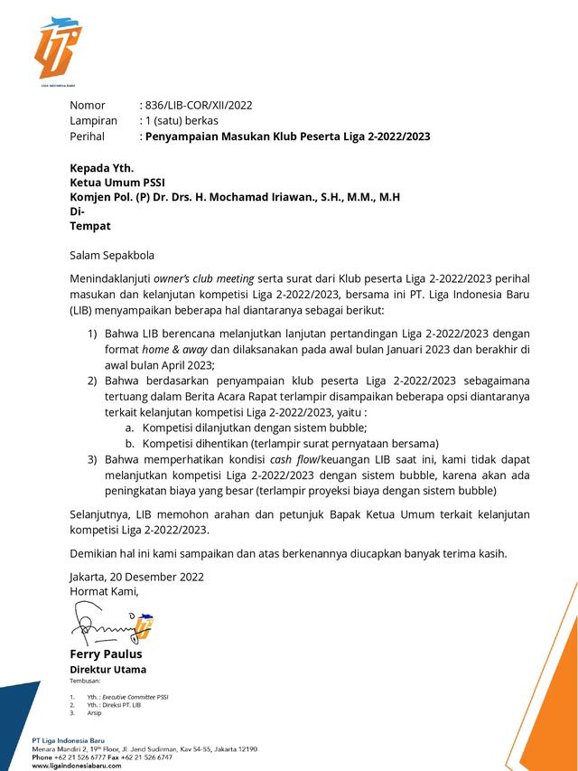 Surat PT LIB untuk PSSI terkait rekomendasi Liga 2