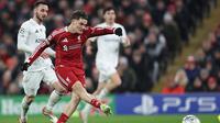 Pemain Liverpool, Florian Wirtz, mencetak gol kedua timnya ke gawang Qarabag dalam pertandingan Liga Champions di Anfield, Inggris, Kamis (29/1/2026) dini hari WIB. (AP Photo/Darren Staples)