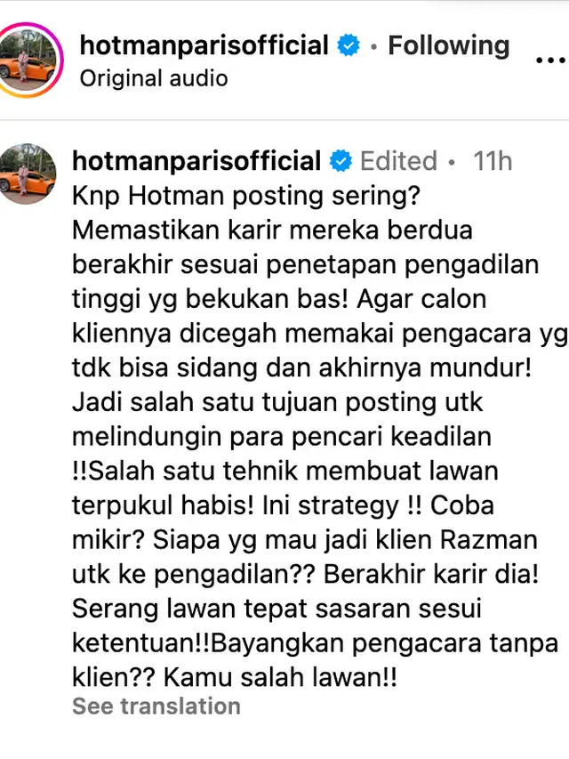Unggahan Hotman Paris. (Foto: Dok. Instagram @hotmanparisofficial)