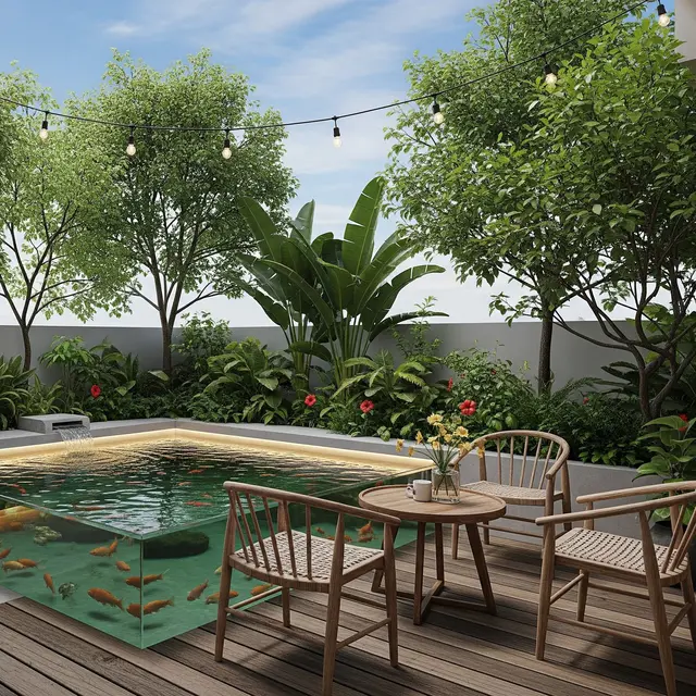 Model Teras Rumah 2x2 dengan Kolam Ikan Mini (Image by Gemini AI)