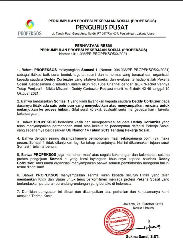 Pernyataan Resmi Propeksos. (instagram.com/propeksos.indonesia)