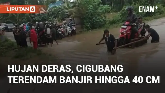 Hujan deras menyebabkan banjir di Kampung Cibugang, Desa Daroyon, Lebak. Akses jalan utama Gumuruh-Margamulya-Cileles terendam hingga 40 cm