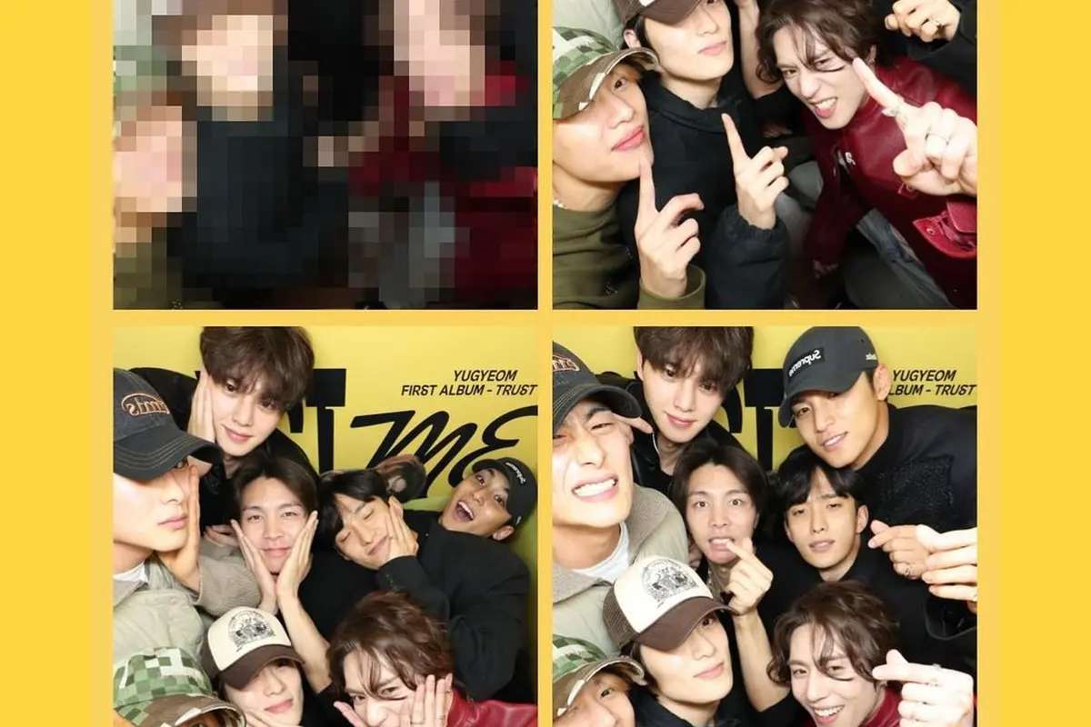 Foto bareng geng 97 Line, Song Kang, Jung Gun Joo, dan Johnny NCT pada acara Listening Party Album Baru Yugyeom (Instagram/yugyeom)