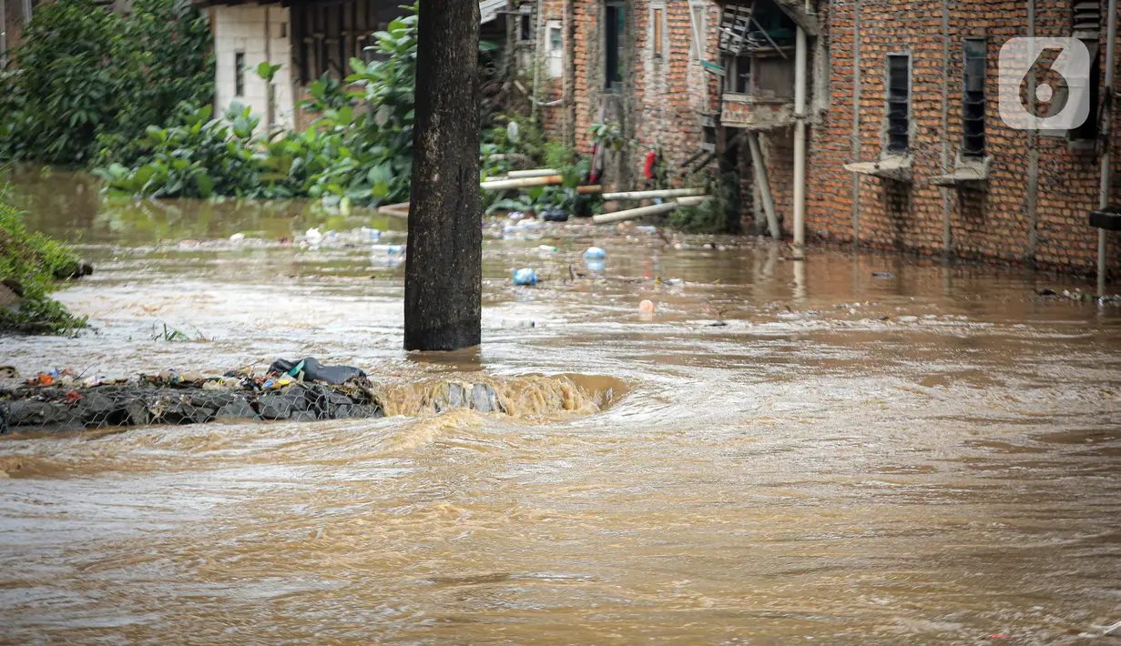 Banjir merendam permukiman warga di bantaran Sungai Ciliwung, Jakarta, Senin (10/10/2022). Hingga pukul 09.00 WIB hari ini, Badan Penanggulangan Bencana Daerah (BPBD) DKI Jakarta mencatat sebanyak 68 RT di Jakarta terendam banjir akibat luapan Sungai Ciliwung. (Liputan6.com/Faizal Fanani)