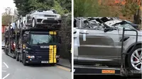 Truk trailer penganggkut mobil Range Rover tersangkut di kolong jembatan kereta api di Perth, Skotlandia. (@phil Hannah)