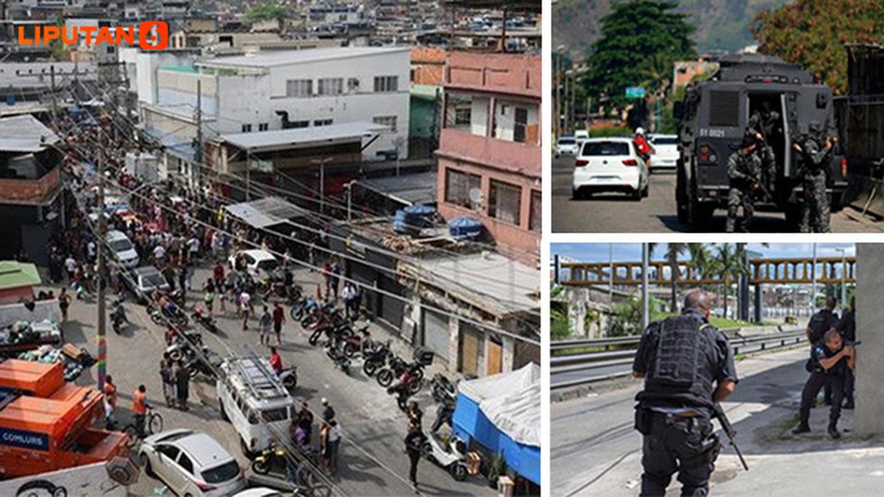 Banner Infografis Perang Polisi Vs Geng Narkoba Rio de Janeiro di Brasil.