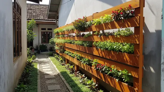 Model Dinding Kayu dengan Susunan Tanaman Vertikal