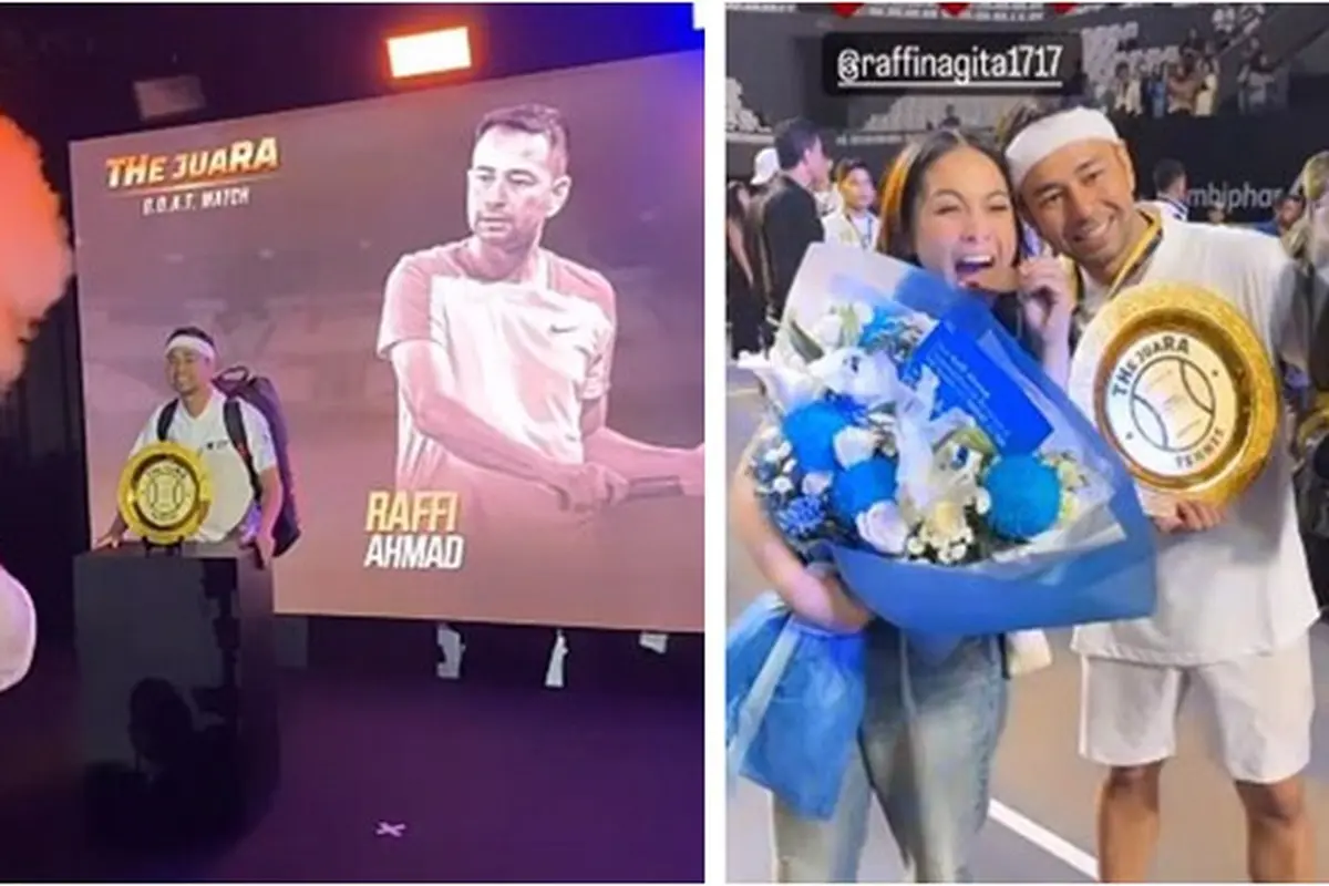 7 Potret Raffi Ahmad Raih Juara Usai Lawan Taufik Hidayat di Pertandingan Tennis, Bangga