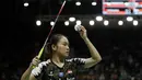 Tunggal Putri Indonesia, Ruselli Hartawan, saat melawan wakil Kanada, Michelle Li, pada laga Indonesia Masters 2020 di Istora, Jakarta, Rabu (15/1/2020). Ruselli Hartawan kalah dengan skor 14-21 dan 15-21. (Bola.com/M Iqbal Ichsan)