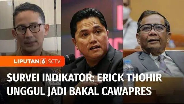 Sementara, elektabilitas Erick Thohir melejit sebagai bakal cawapres di survei indikator. Erick mengungguli Ridwan Kamil, Mahfud MD, dan Sandiaga Uno.