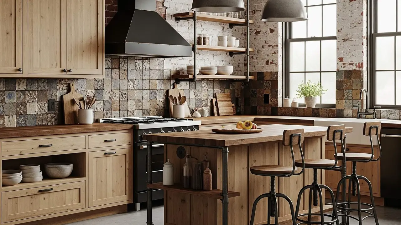 Desain Dapur Industrial dengan Kombinasi Kayu dan Besi