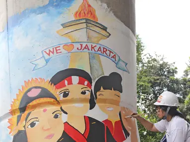 Seorang siswi sedang  membuat mural di bawah Jalan Layang Non-tol Antasari, Jakarta, Sabtu (10/3). Sebanyak 63 tiang akan dilukis mural oleh perwakilan dari SMA dan SMK di Jakarta untuk mempercantik kawasan tersebut. (Liputan6.com/Herman Zakharia)