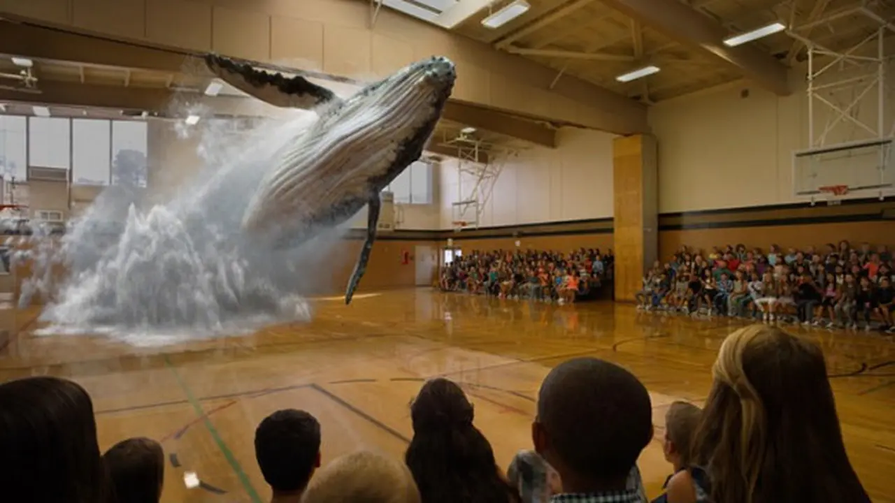 Magic Leap menampilkan seekor paus terlhat muncul dari lantai gymnasium