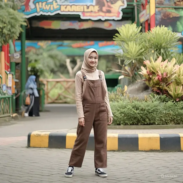 Outfit ke Kebun Binatang Hijab dengan Kemeja dan Baju Kodok