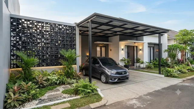 Model Carport Samping Rumah Type 45 dengan Roster dan Taman Kecil