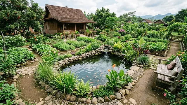 Kebun dengan Kolam Ikan Kecil di Tengah Lanskap