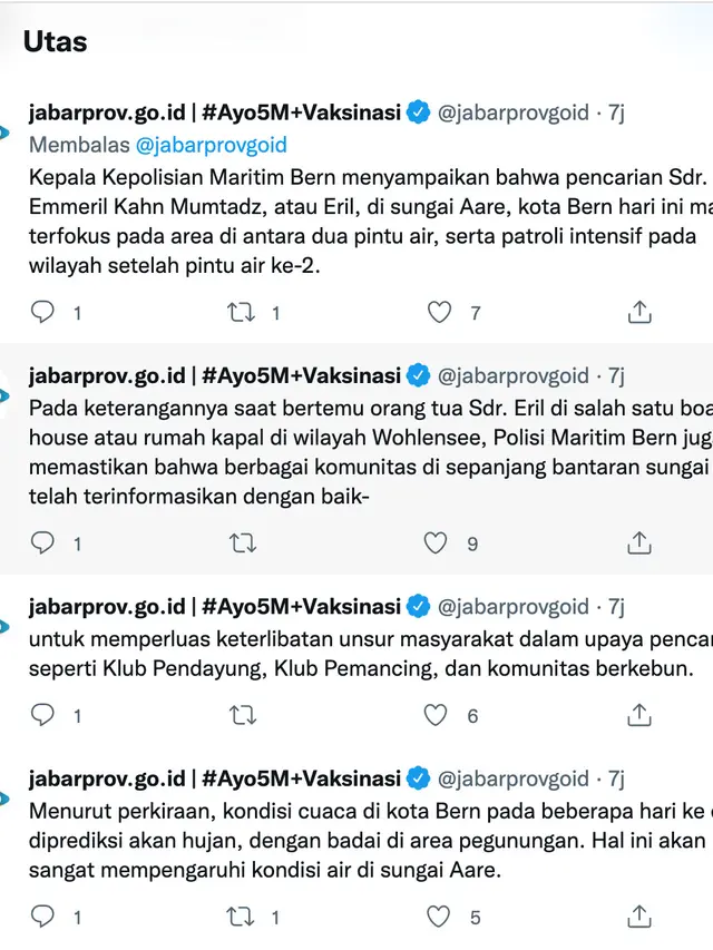 Perkembangan terkini pencarian anak Ridwan Kamil, Eril. (Foto: Dok. Twitter @jabarprovgoid)