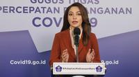 Tim Komunikasi Publik Gugus Tugas Nasional Reisa Broto Asmoro mengatakan IDAI sebut tantangan imunisasi masa pandemi COVID-19 saat konferensi pers secara virtual di Graha BNPB, Jakarta, Selasa (30/6/2020). (Dok Badan Nasional Penanggulangan Bencana/BNPB)