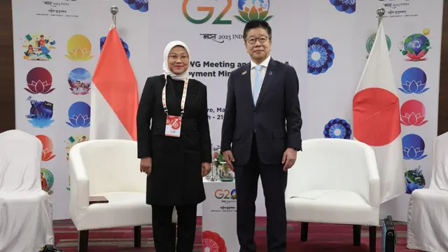 Menteri Ketenagakerjaan, Ida Fauziyah melakukan pertemuan bilateral dengan Menteri Kesehatan, Tenaga Kerja, dan Kesejahteraan Jepang, Katsunobu KATO di sela-sela menghadiri Presidensi G20 India.