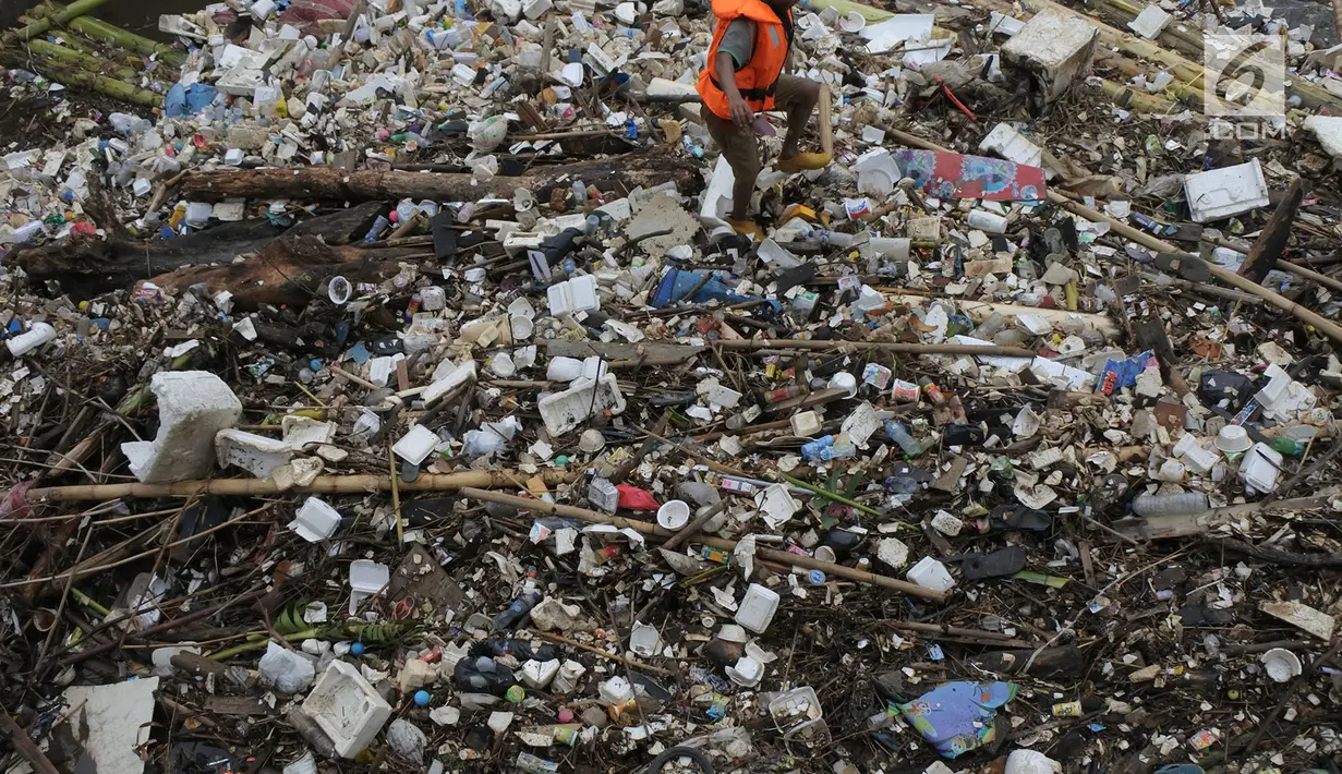 Petugas berjalan ditumpukan sampah yang terbawa arus sungai Ciliwung, Jakarta, Selasa (23/10). Dinas Lingkungan Hidup mengantisipasi terjadinya peningkatan volume sampah saat musim penghujan tiba di setiap pintu air Jakarta. (Merdeka.com/Imam Buhori)