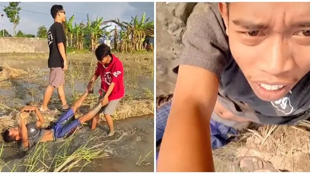 Demi Hasil Foto Menarik, Aksi Pria Rela Diseret di Sawah Ini Bikin Ngakak